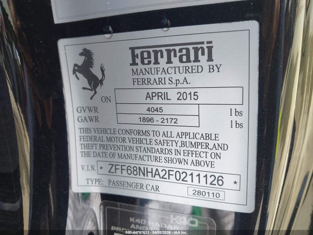 44757833 :رقم المزاد ، ZFF68NHA2F0211126 vin ، 2015 Ferrari 458 Spider مزاد بيع