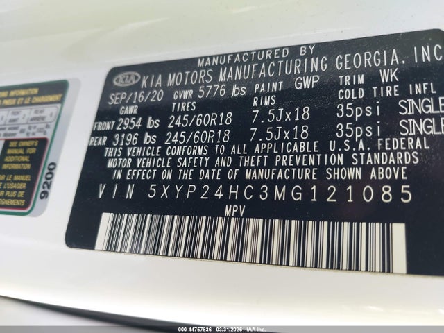 44757836 :رقم المزاد ، 5XYP24HC3MG121085 vin ، 2021 Kia Telluride Lx مزاد بيع