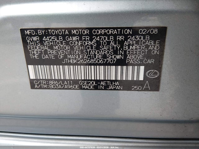 Aukcja sprzedaży 2008 Lexus Is 250, vin: JTHBK262685067707, numer aukcji: 44757839