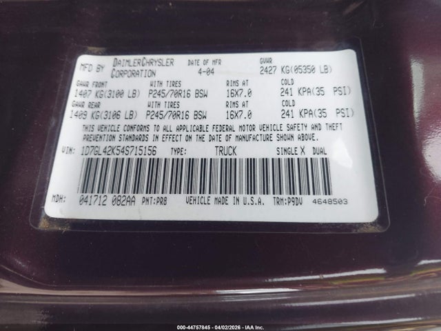 Aukcja sprzedaży 2004 Dodge Dakota Slt, vin: 1D7GL42K54S715156, numer aukcji: 44757845
