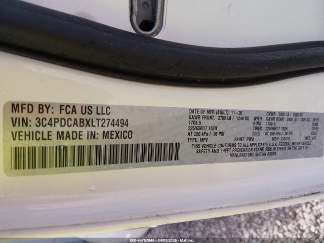 2020 Dodge Journey Se Value მანქანა იყიდება აუქციონზე, vin: 3C4PDCABXLT274494, აუქციონის ნომერი: 44757846