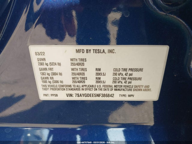 44757849 :رقم المزاد ، 7SAYGDEE5NF386842 vin ، 2022 Tesla Model Y Long Range Dual Motor All-wheel Drive مزاد بيع