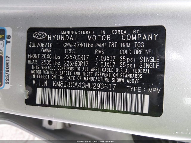 Aukcja sprzedaży 2017 Hyundai Tucson Se, vin: KM8J3CA43HU293617, numer aukcji: 44757850