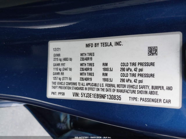 2022 Tesla Model 3 Long Range Dual Motor All-wheel Drive მანქანა იყიდება აუქციონზე, vin: 5YJ3E1EB9NF130835, აუქციონის ნომერი: 44757851