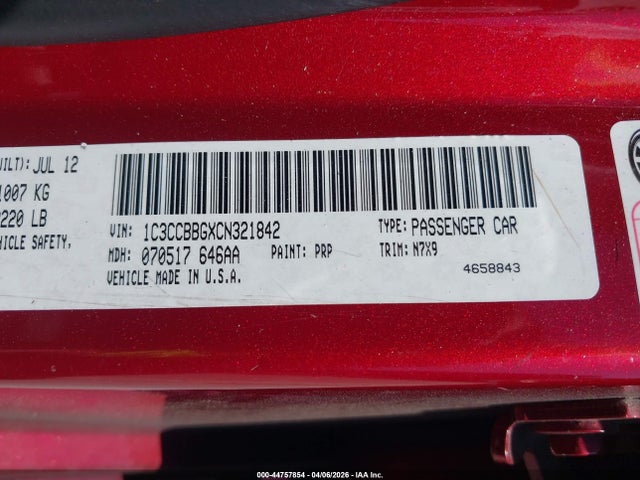 2012 Chrysler 200 Touring მანქანა იყიდება აუქციონზე, vin: 1C3CCBBGXCN321842, აუქციონის ნომერი: 44757854