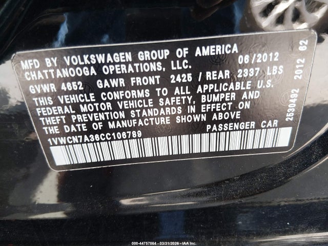 44757864 :رقم المزاد ، 1VWCN7A36CC106789 vin ، 2012 Volkswagen Passat 2.0l Tdi Sel Premium مزاد بيع