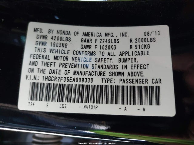 Honda ACCORD LX 2014 1HGCR2F35EA009330 Image 9