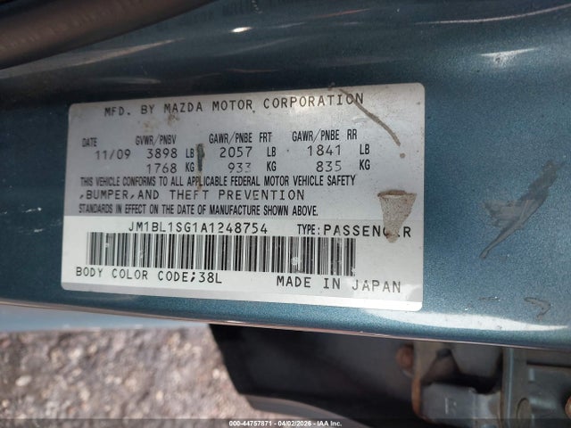 44757871 :رقم المزاد ، JM1BL1SG1A1248754 vin ، 2010 Mazda Mazda3 I Touring مزاد بيع