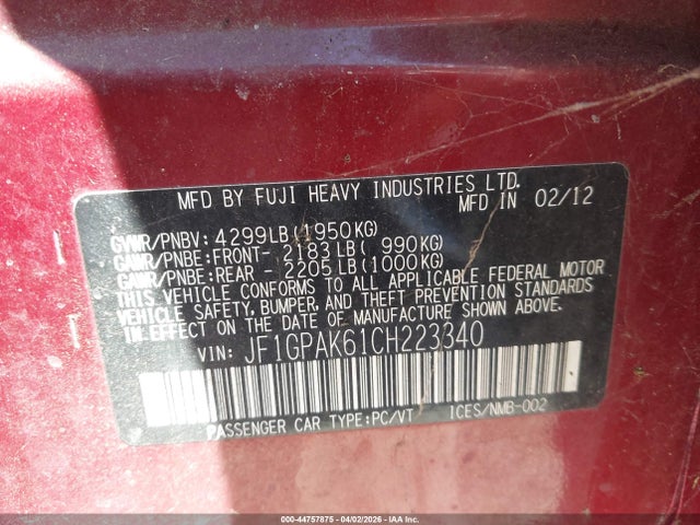 Продажа на аукционе авто 2012 Subaru Impreza 2.0i Limited, vin: JF1GPAK61CH223340, номер лота: 44757875