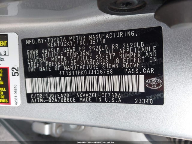 4T1B11HK0JU126768 Toyota CAMRY SE