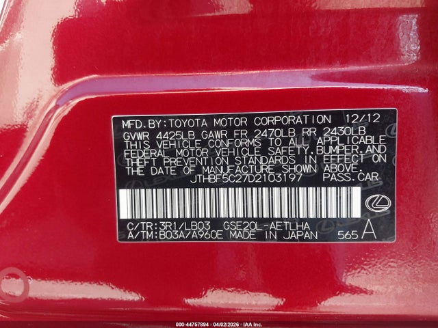 44757894 :رقم المزاد ، JTHBF5C27D2103197 vin ، 2013 Lexus Is 250 مزاد بيع