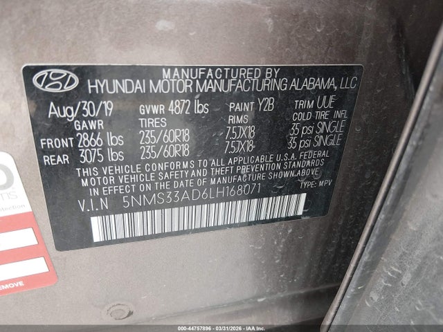 5NMS33AD6LH168071 Hyundai Santa Fe Sel