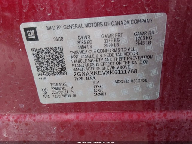 Aukcja sprzedaży 2019 Chevrolet Equinox Lt, vin: 2GNAXKEVXK6111768, numer aukcji: 44757899