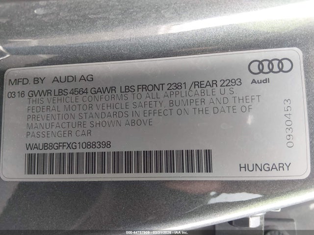 WAUB8GFFXG1088398 Audi A3 2.0t Premium