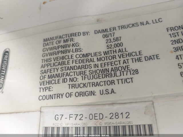 44757927 :رقم المزاد ، 1FUJGEDR9JLJT7128 vin ، 2018 Freightliner Cascadia 125 مزاد بيع