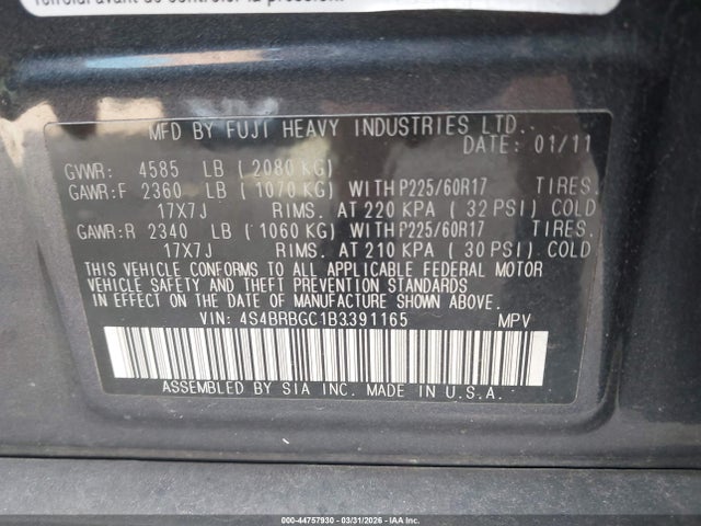 Aukcja sprzedaży 2011 Subaru Outback 2.5i Premium, vin: 4S4BRBGC1B3391165, numer aukcji: 44757930