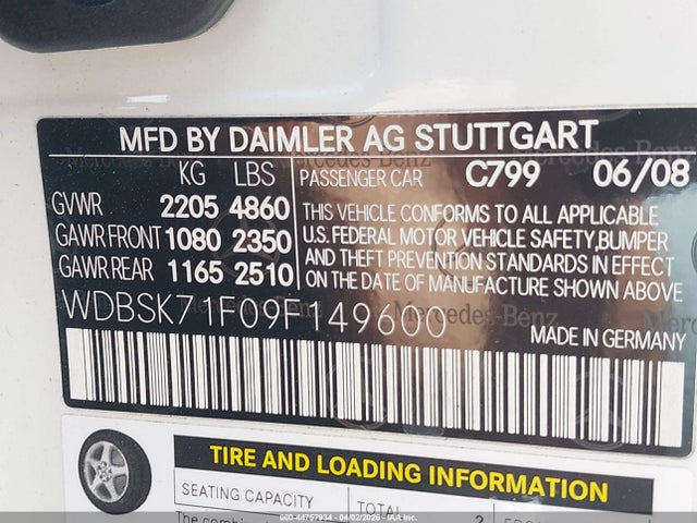 2009 Mercedes-benz Sl 550 მანქანა იყიდება აუქციონზე, vin: WDBSK71F09F149600, აუქციონის ნომერი: 44757934