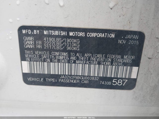 Продаж на аукціоні авто 2016 Mitsubishi Lancer Es/se/sel, vin: JA32V2FWXGU003832, номер лоту: 44757951