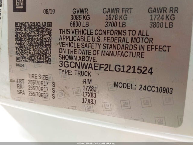2020 Chevrolet Silverado 1500 2wd  Long Bed Wt მანქანა იყიდება აუქციონზე, vin: 3GCNWAEF2LG121524, აუქციონის ნომერი: 44757953
