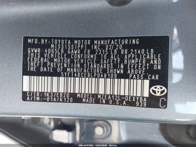 2020 TOYOTA COROLLA 5YFT4RCE8LP048109 Photo 8