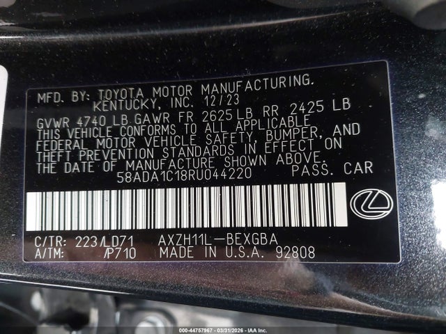 Продажа на аукционе авто 2024 Lexus Es 300h, vin: 58ADA1C18RU044220, номер лота: 44757967