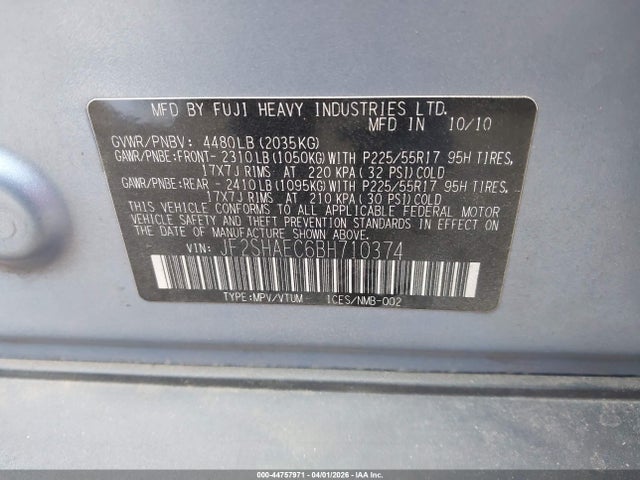 2011 Subaru Forester 2.5x Limited მანქანა იყიდება აუქციონზე, vin: JF2SHAEC6BH710374, აუქციონის ნომერი: 44757971