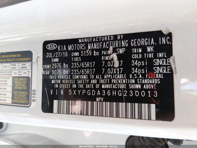 44757981 :رقم المزاد ، 5XYPGDA36HG230013 vin ، 2017 Kia Sorento 2.4l Lx مزاد بيع