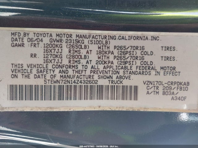 2004 TOYOTA TACOMA 5TEWN72N14Z432602 Photo 8
