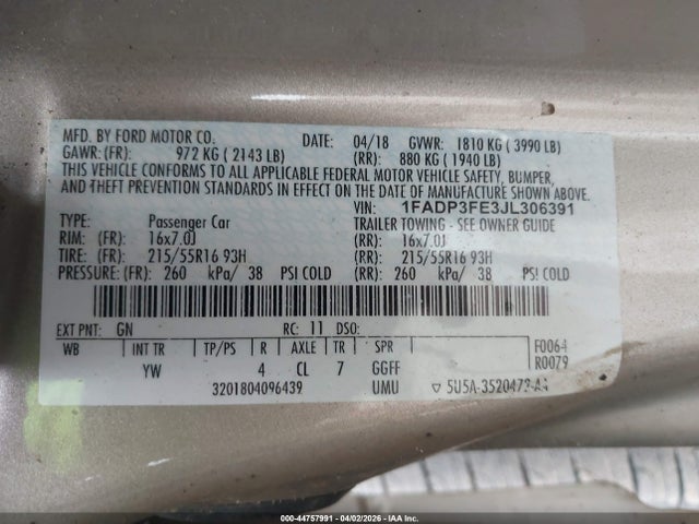 Продаж на аукціоні авто 2018 Ford Focus Se, vin: 1FADP3FE3JL306391, номер лоту: 44757991