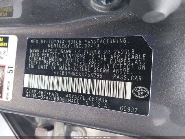 4T1B11HK5KU755296 Toyota CAMRY LE