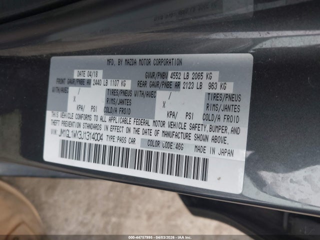 Aukcja sprzedaży 2018 Mazda Mazda6 Grand Touring Reserve, vin: JM1GL1WY3J1314004, numer aukcji: 44757995