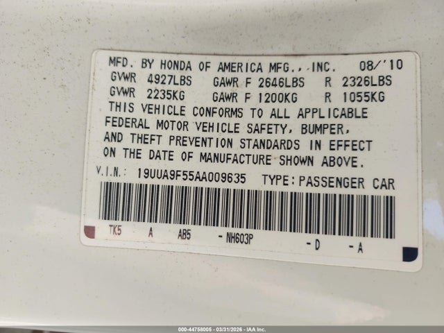 44758005 :رقم المزاد ، 19UUA9F55AA009635 vin ، 2010 Acura Tl 3.7 مزاد بيع