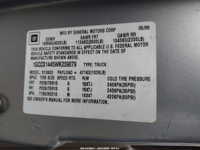 44758011 :رقم المزاد ، 1GCCS1445WK239079 vin ، 1998 Chevrolet S-10 Ls Fleetside مزاد بيع