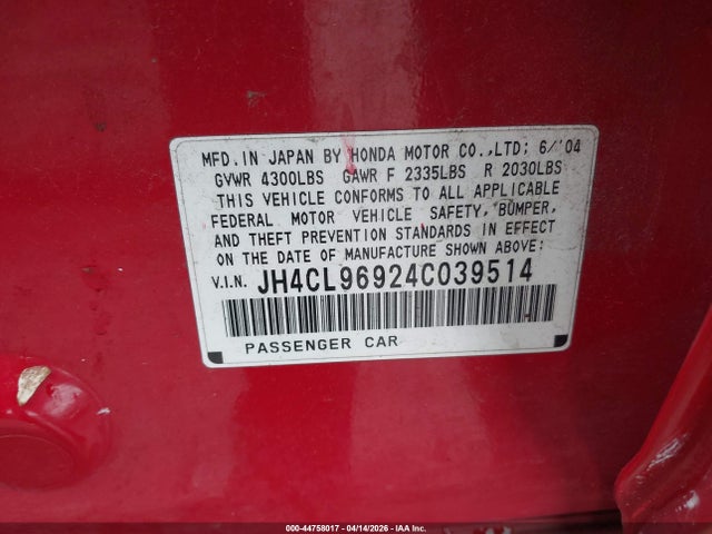 Продаж на аукціоні авто 2004 Acura Tsx, vin: JH4CL96924C039514, номер лоту: 44758017
