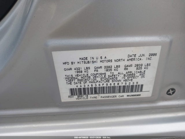 2006 MITSUBISHI GALANT 4A3AB36F96E075235 Photo 8