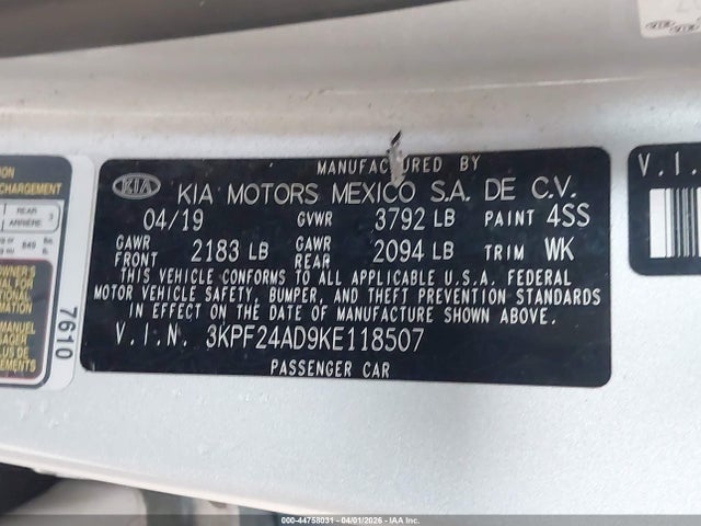 3KPF24AD9KE118507 KIA Forte Lxs