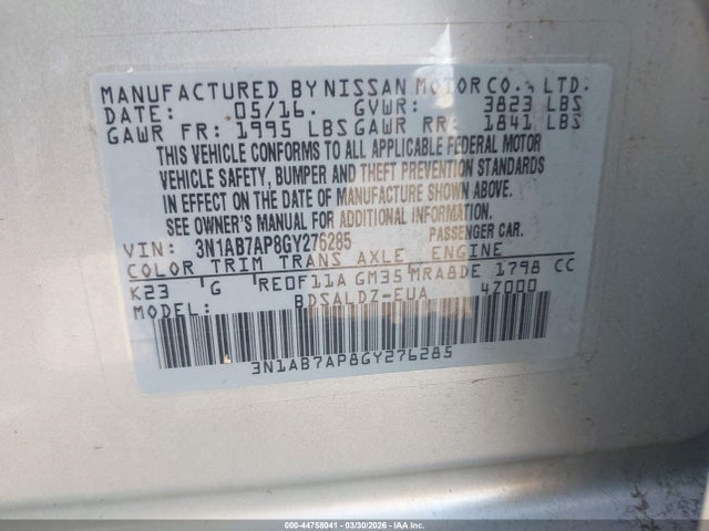 3N1AB7AP8GY276285 Nissan Sentra Fe+ S/s/sl/sr/sv