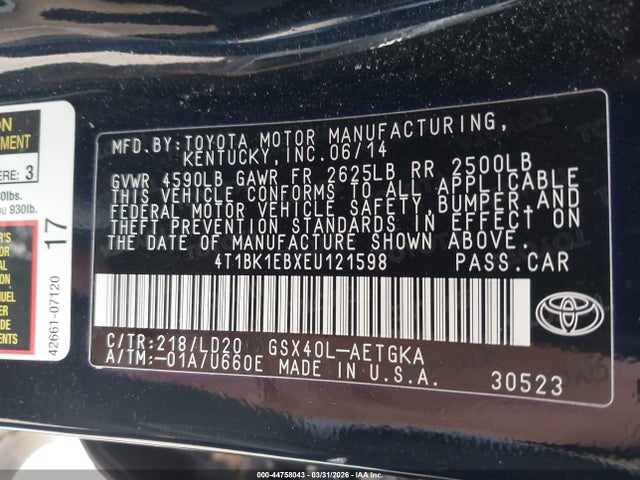 4T1BK1EBXEU121598 Toyota AVALON XLE