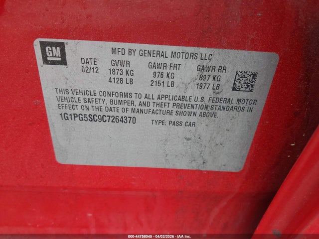 Продаж на аукціоні авто 2012 Chevrolet Cruze 2lt, vin: 1G1PG5SC9C7264370, номер лоту: 44758045