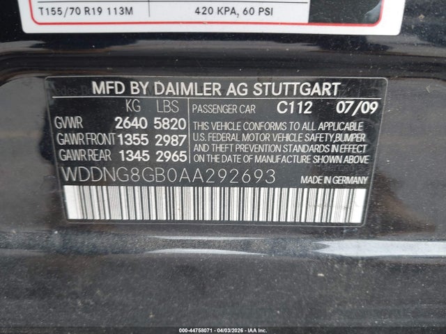 44758071 :رقم المزاد ، WDDNG8GB0AA292693 vin ، 2010 Mercedes-benz S 550 4matic مزاد بيع