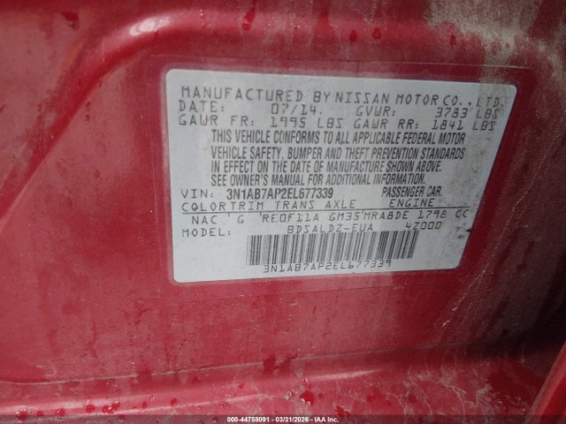 Продаж на аукціоні авто 2014 Nissan Sentra Fe+ S/fe+ Sv/s/sl/sr/sv, vin: 3N1AB7AP2EL677339, номер лоту: 44758091