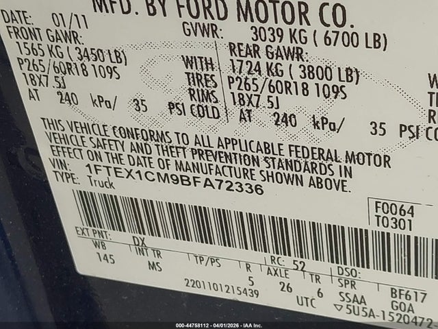 Aukcja sprzedaży 2011 Ford F-150 Xlt, vin: 1FTEX1CM9BFA72336, numer aukcji: 44758112