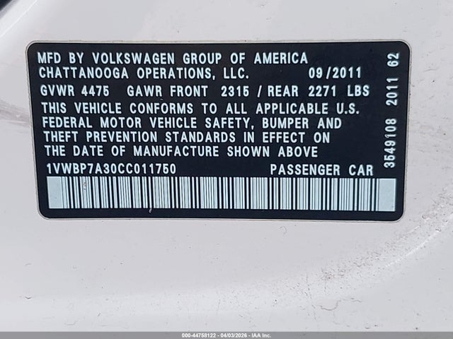 Продажа на аукционе авто 2012 Volkswagen Passat 2.5l Se, vin: 1VWBP7A30CC011750, номер лота: 44758122