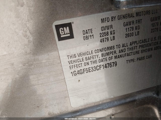 44758133 :رقم المزاد ، 1G4GF5E33CF147679 vin ، 2012 Buick Lacrosse Premium 2 Group مزاد بيع