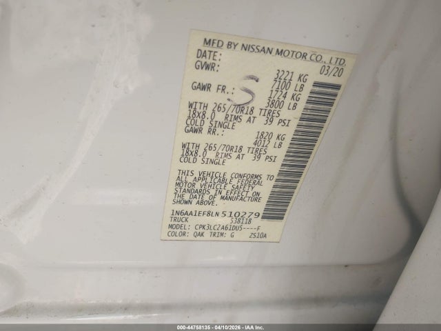 2020 Nissan Titan Sv 4x2 მანქანა იყიდება აუქციონზე, vin: 1N6AA1EF8LN510279, აუქციონის ნომერი: 44758135
