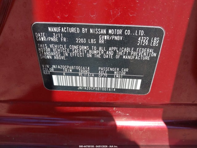 2011 Nissan Leaf Sl მანქანა იყიდება აუქციონზე, vin: JN1AZ0CP6BT001614, აუქციონის ნომერი: 44758155