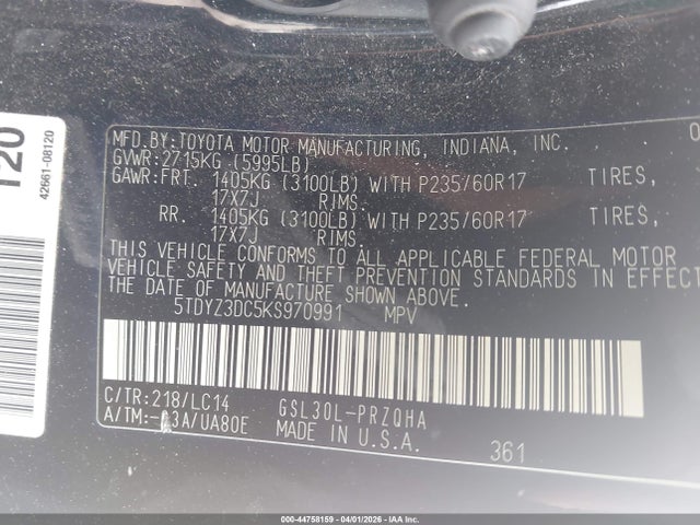 Продажа на аукционе авто 2019 Toyota Sienna Xle 8 Passenger, vin: 5TDYZ3DC5KS970991, номер лота: 44758159