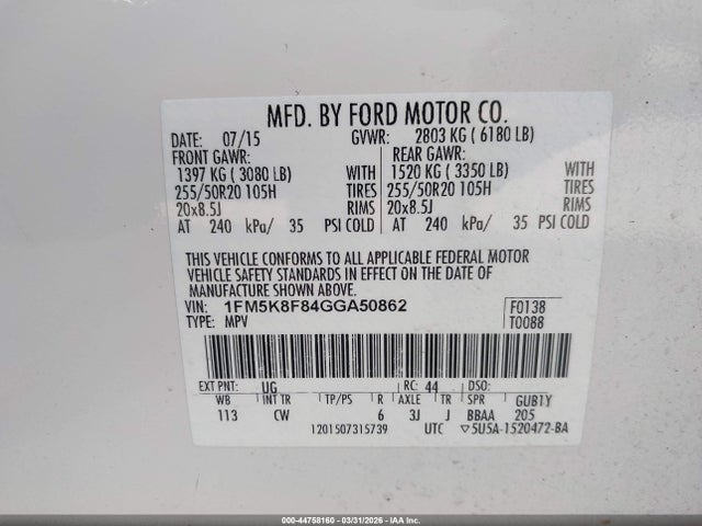 Ford Explorer Limited 2016 1FM5K8F84GGA50862 Image 9