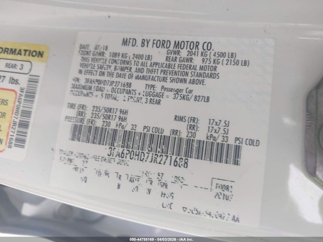 Продажа на аукционе авто 2018 Ford Fusion Se, vin: 3FA6P0HD7JR271688, номер лота: 44758169