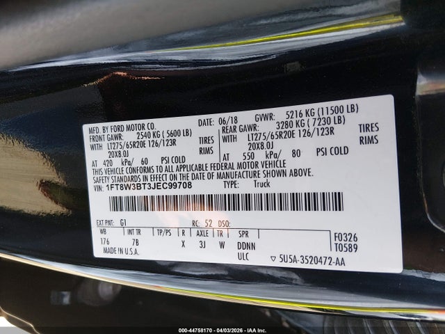 Aukcja sprzedaży 2018 Ford F-350 Platinum, vin: 1FT8W3BT3JEC99708, numer aukcji: 44758170